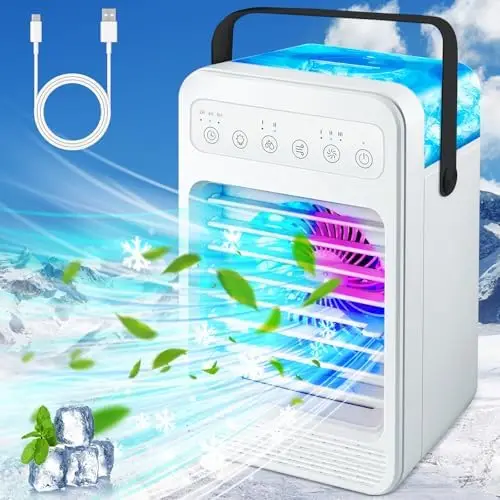 

Portable Air Conditioner with Touch Screen, 4 Speeds, 600ML Tank, 2-4-6H Timer & LED Light – Mini Cooling Fan for Home, Office,
