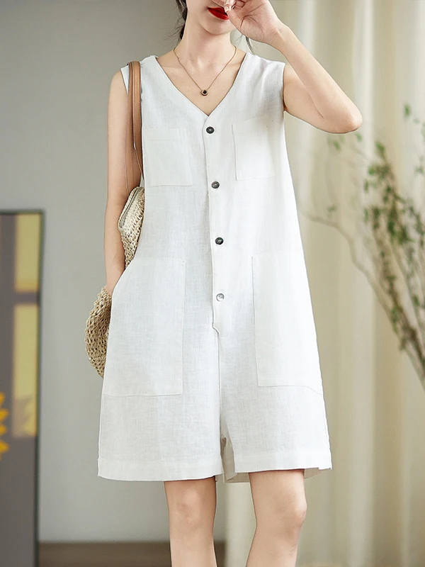 Artistic Pure Color Simple Belted Waistl Svel Jumpsuit Large Size Women's Cotton Linen Casual Wide Leg orts Summer