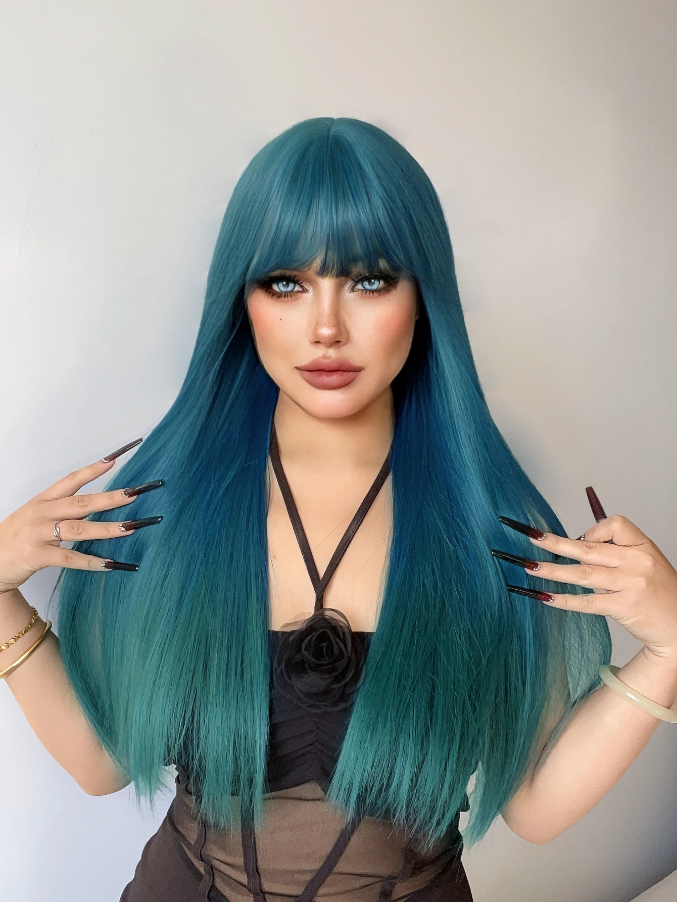 28Inch Teal Blue Color Synthetic Wigs With Bang Long Natural Straight Hair Wig For Women Daily Cosplay Drag Queen Heat Resistant