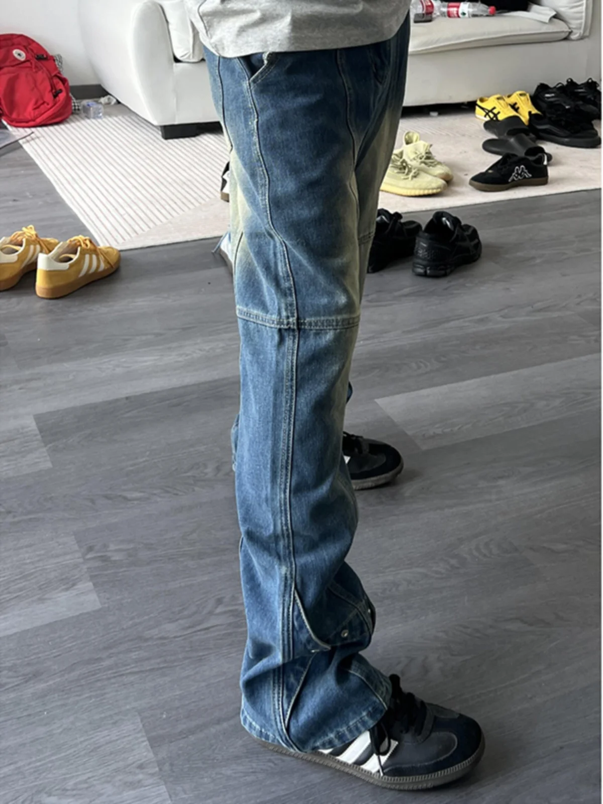 

Мужские джинсы из синего денима в стиле ретро, осенние, американские, в стиле High Street, Cleanfit, с пэчворк-дизайном, облегающие, рабочие брюки