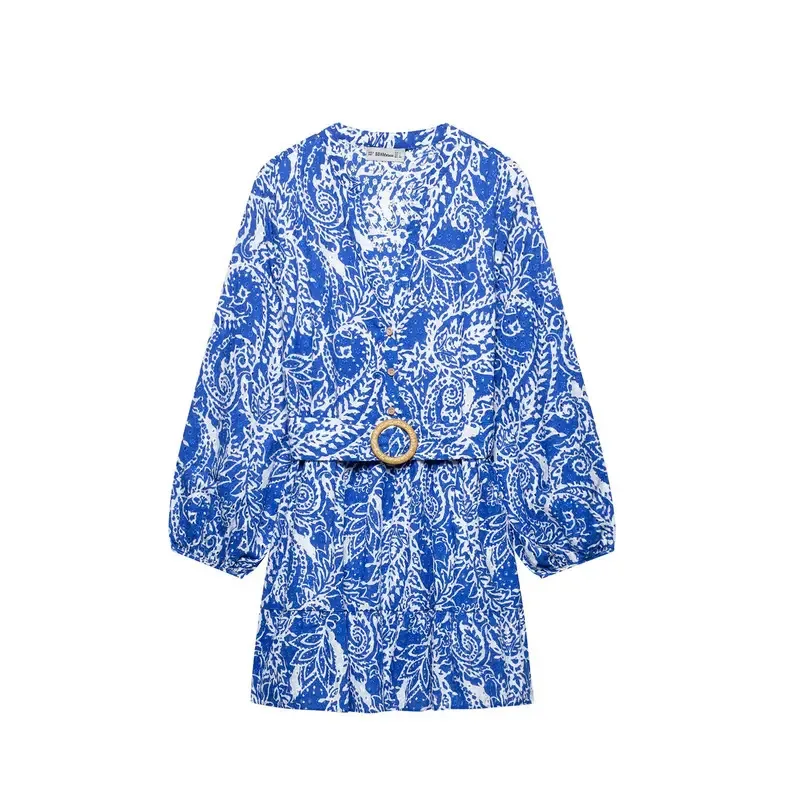 

Women's V-Neck Belt Embroidery Dress Ethnic Casual Shirt Style Long Sleeve Elegant High Street Short Dress for Resort Fashion
