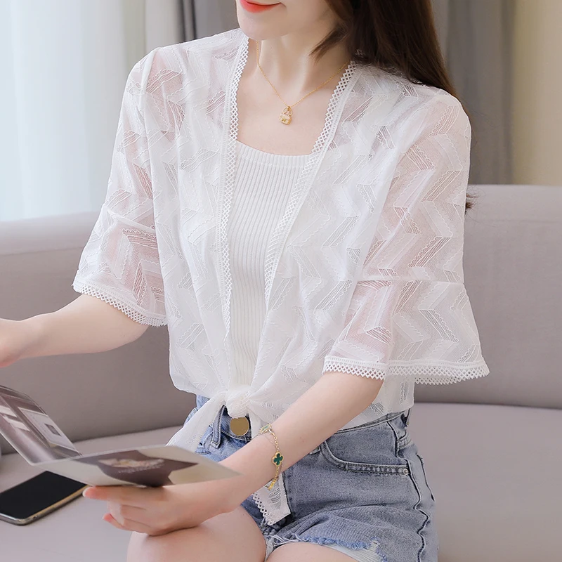 High-Low Black White Beige Lace Cardigan Women Open-Front Hollow Out Summer Cover-Up Shirts Korean Elegant Flare-Sleeve Cute Top