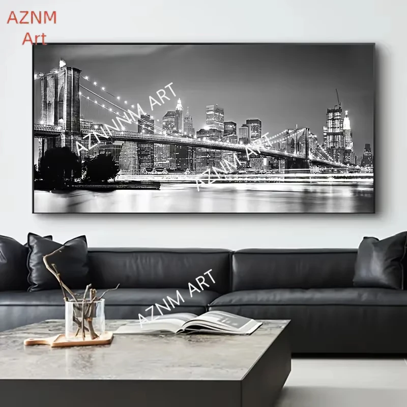 1pc ponte de brooklyn pintura em tela luminosa, cena noturna preta, cartaz de imagem, adequado para sala de estar e quarto arte da parede d