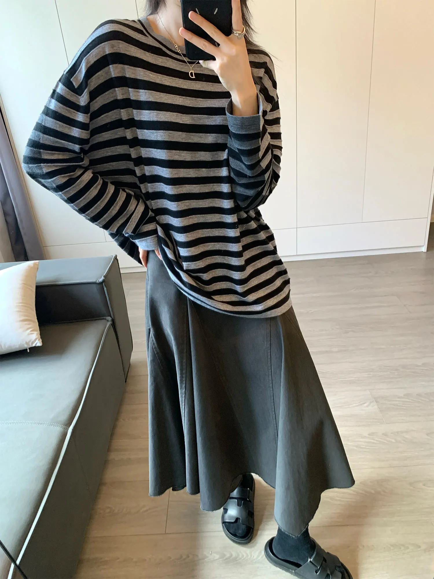 

Женский шерстяной вязаный свитер Awencoat с круглым вырезом, свободного кроя, в полоску, с цветовыми блоками, повседневный, с длинными рукавами, для осени и зимы