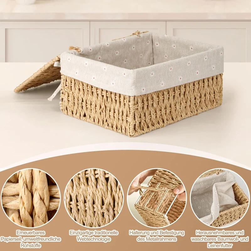 ABWR-корзина для хранения, упаковка из 3-х корзин для хранения с крышкой, тканая корзина из бумажной веревки, корзины с декором в стиле бохо с подкладкой