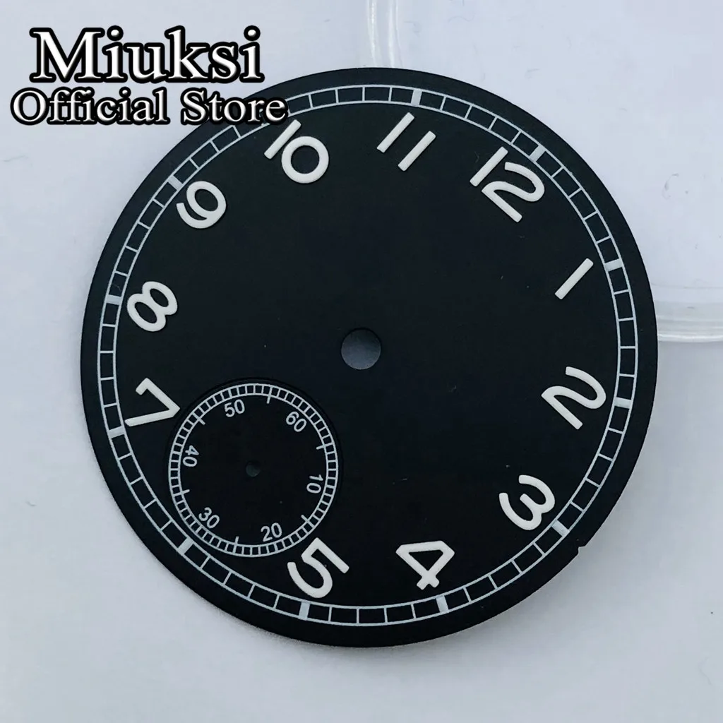 Miuksi 37mm black white blue watch dial luminous fit ETA 6498 Seagull ST3620 series movement