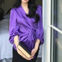 Spring Autumn Cross Satin Lace-up Shirt Women V-neck Lantern Sleeve Woman Blouse Elegant Purple Office Slim Fit Tops Mujer 30107