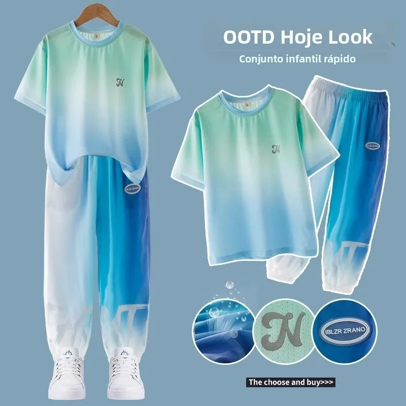 Conjunto de Roupas Esportivas para Meninos em Seda Gelada, Camiseta de Manga Curta, Roupas de Secagem Rápida, Estilo Verão pa...