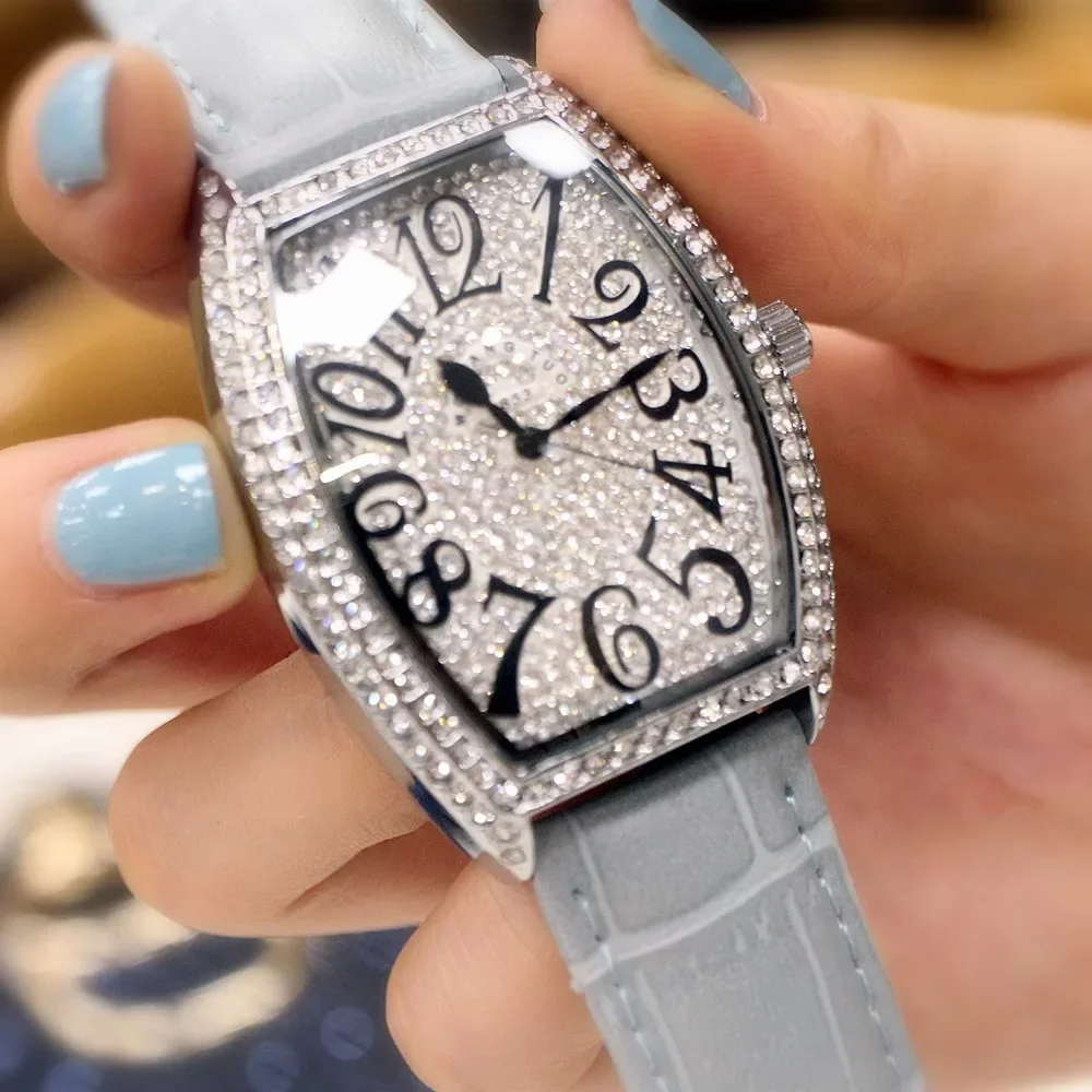 Mobangtuo Men Quartz Watch Reloj Classic Tonneau Dial Diamond Inlay Hip Hop Man Watches Male Luxury Genuine Leather Wristwatch