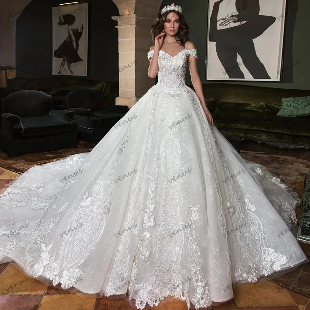 

Pretty Wedding Dresses A Line Bridal Gowns Lace Appliques Off The Shoulder Robes Lace Up Luxury Vestidos De Novia Customized