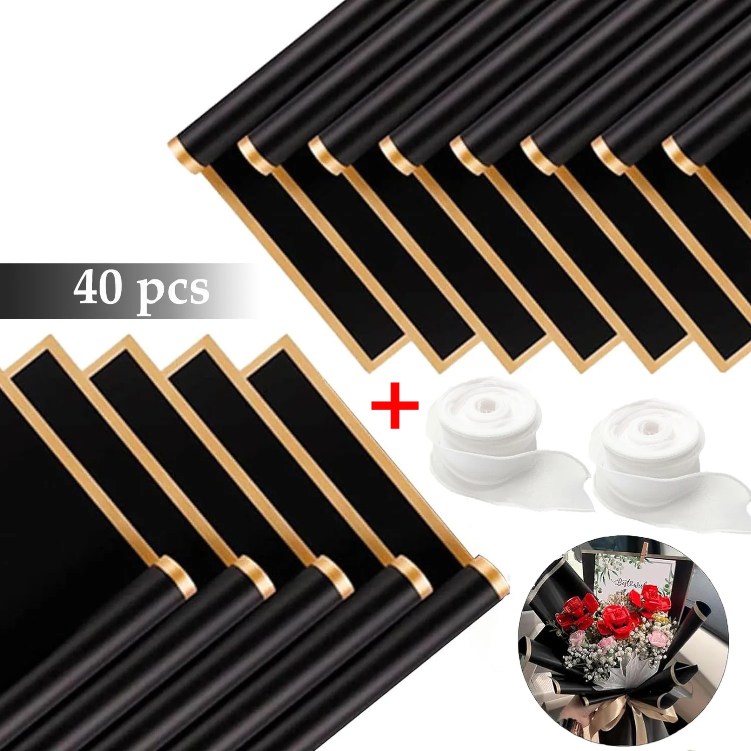 

40 Sheets Flower Wrapping Paper + 2 Roll of Ribbons Waterproof Floral Rose Bouquet Korean Paper for Wedding Birthday Gift 2027