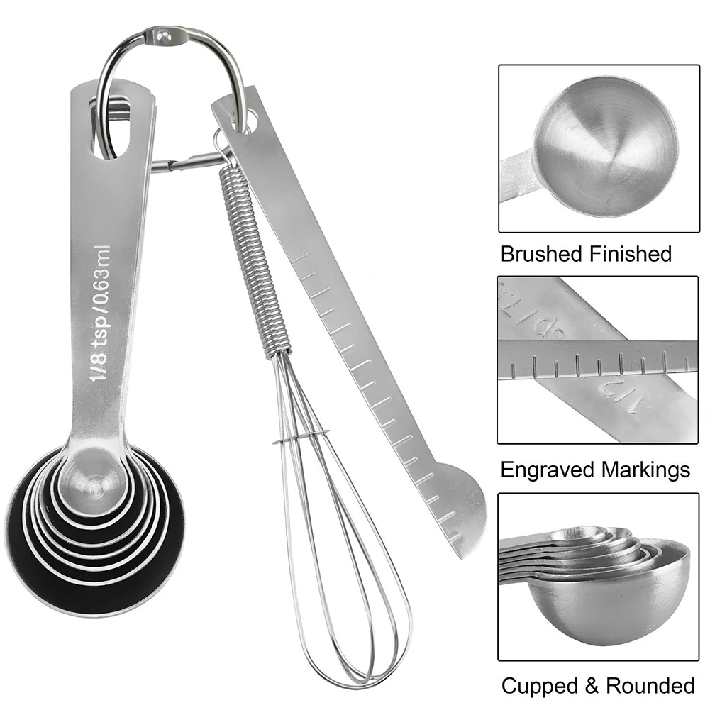 Kitchen Food Stainless Steel Measuring Spoon 9-Piece Set Machine Clean Whisk Measuring Stick Multi-Size Durable Household Spoons