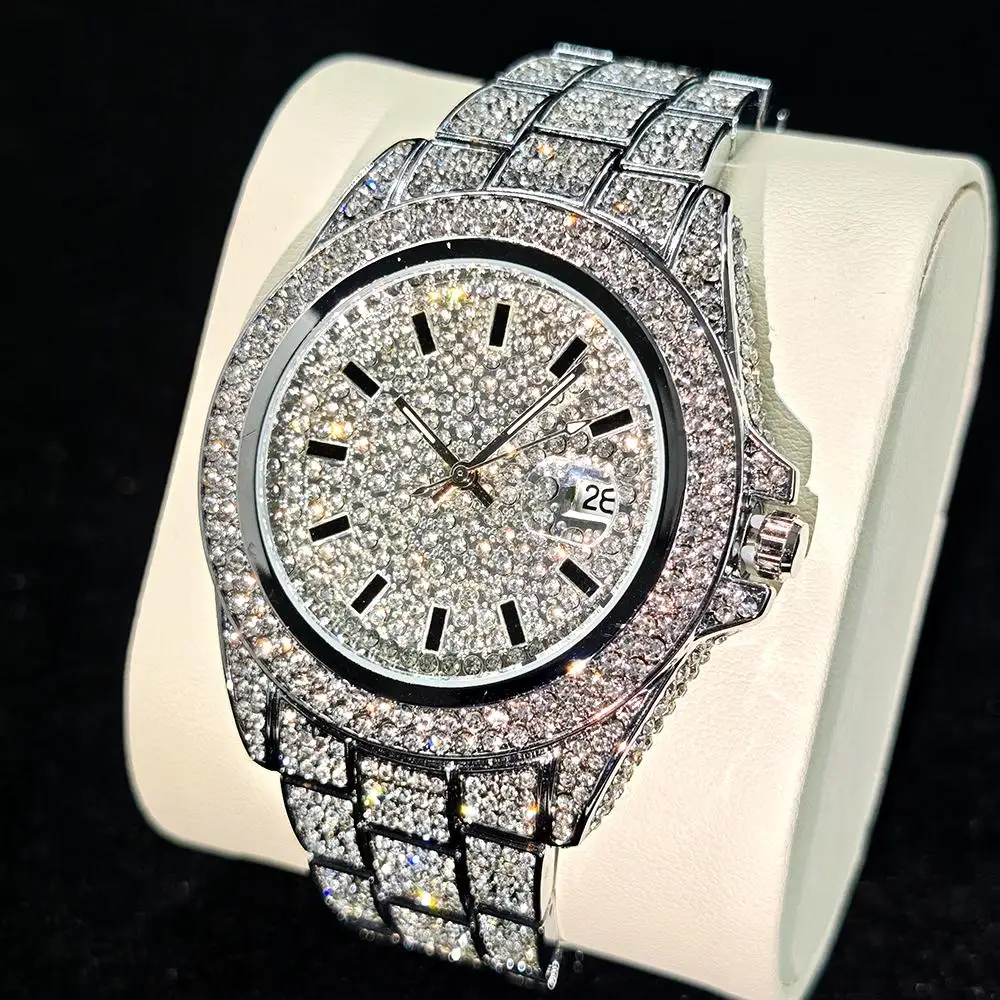 Reloj redondo de hielo a la moda novedosa para hombre, marca UNIGUET, relojes de acero de lujo, reloj de pulsera de cuarzo con diamantes completos de Hip Hop para hombre, triangulación de envíos