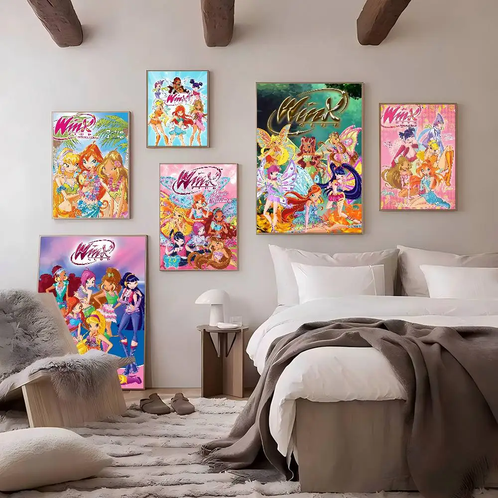 Desenhos animados w-winx bonito clube clássico vintage cartazes whitepaper imprime cartazes arte kawaii decoração do quarto