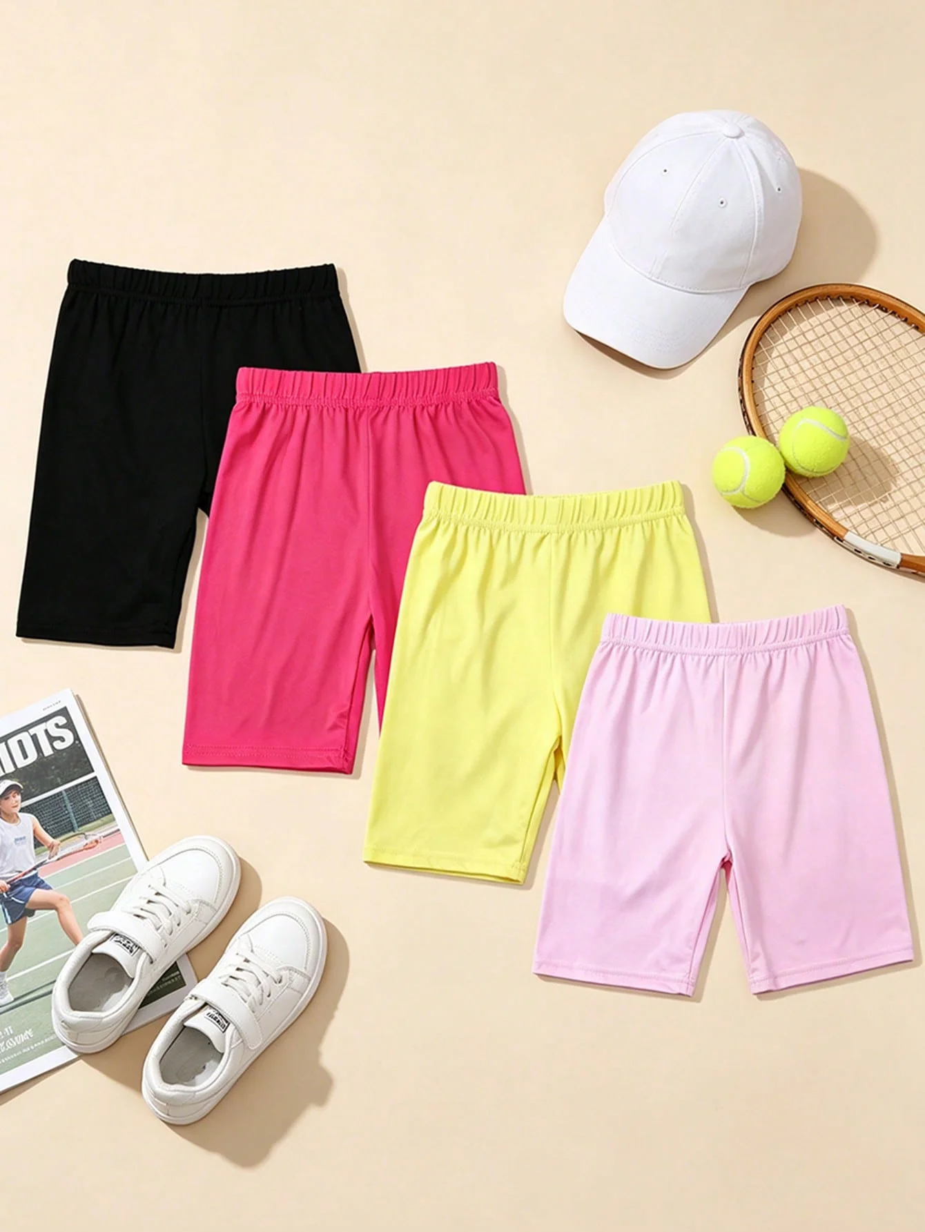 4 Pcs Summer Solid Color Kids Sports Shorts Leggings,Girls' Middle Pants Soft and Comfortable Suitable for Children Aged 2-11Y Wear