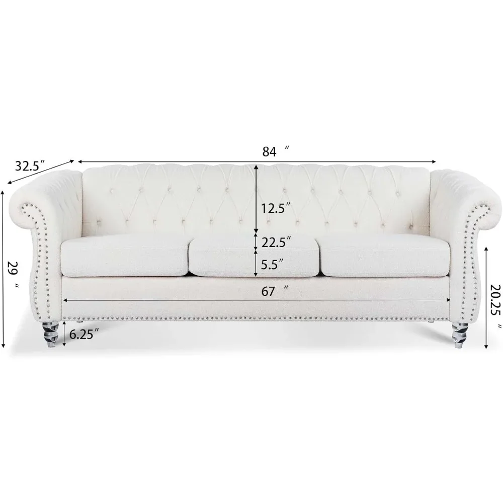 Sofa 3 Seat Modern Teddy Velvet Sofa Living Room Furniture Sofa with Quilted Back (White)