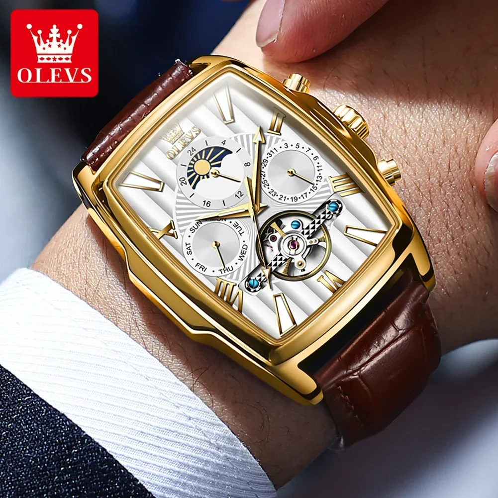 OLEVS-reloj mecánico automático para hombre, pulsera con correa de cuero Original, esfera cuadrada con fecha, resistente al agua, luminoso, Masculino