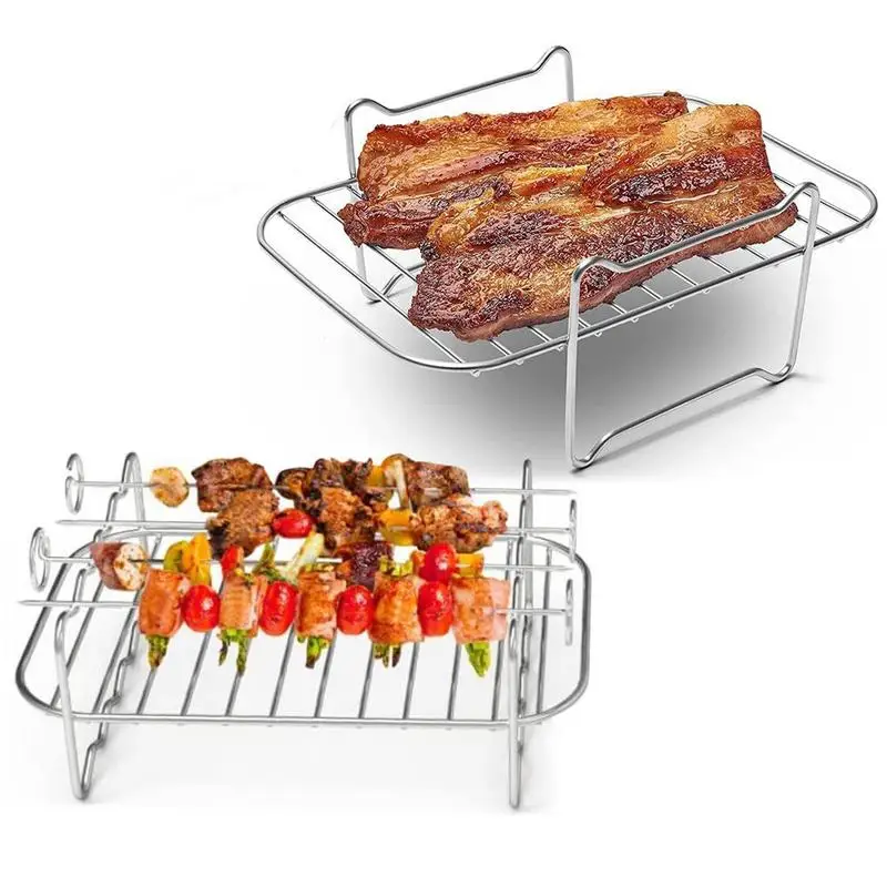 2Pcs Stainless Steel BBQ Steam Rack Grill Grate Air Fryer Accessories Rectangular Skewers Rack Double Layer Barbecue Accessories