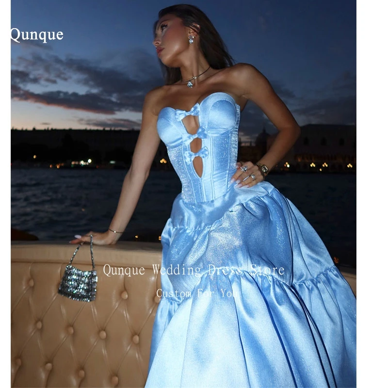 

Qungkin Небесно-голубые блестящие атласные вечерние платья с оборками, пляжные платья для торжественных случаев, элегантные женские платья для выпускного вечера с бантом по индивидуальному заказу