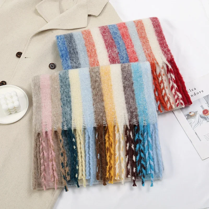 Winter Women\'s Scarf Warm Colors Atmosphere Rainbow Haircoat Striped Shawl Thickened Neck Warmer Elegant Scarves Accessories