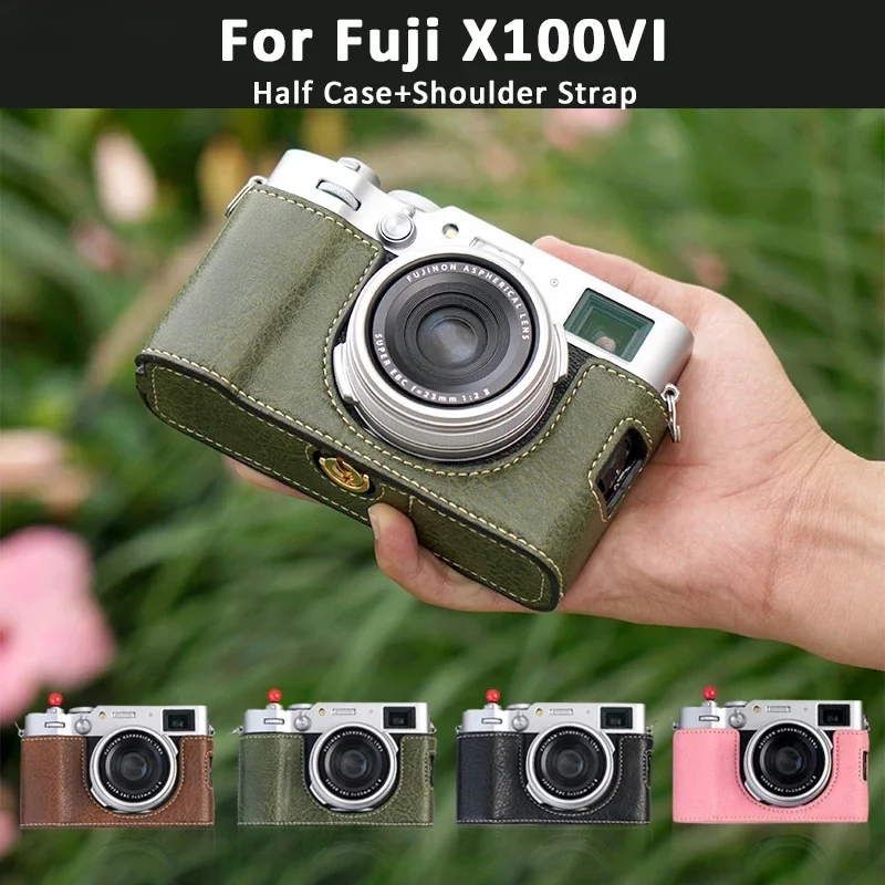 

For Fujifilm X100VI Fuji X100VI Camera Half Case Man-made Leather Bottom Open with Shoulder Strap Camera Protector Baseplate