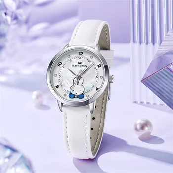 OLEVS &amp; Miffy joint edition women watches casual cute style original quartz watch for girl leather strap box gift for children