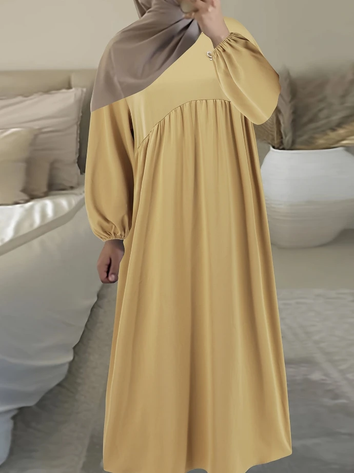 

Round Neck Lantern Long Sleeved Loose Dress, Fashionable and Elegant Robe, Casual and Versatile Commuting Long Dress