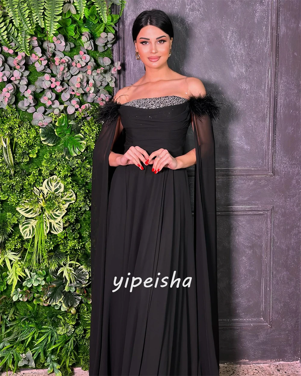 CustomizedChiffon Feather Sequined Draped Engagement A-line Off-the-shoulder Bespoke Occasion Gown Long Dresses