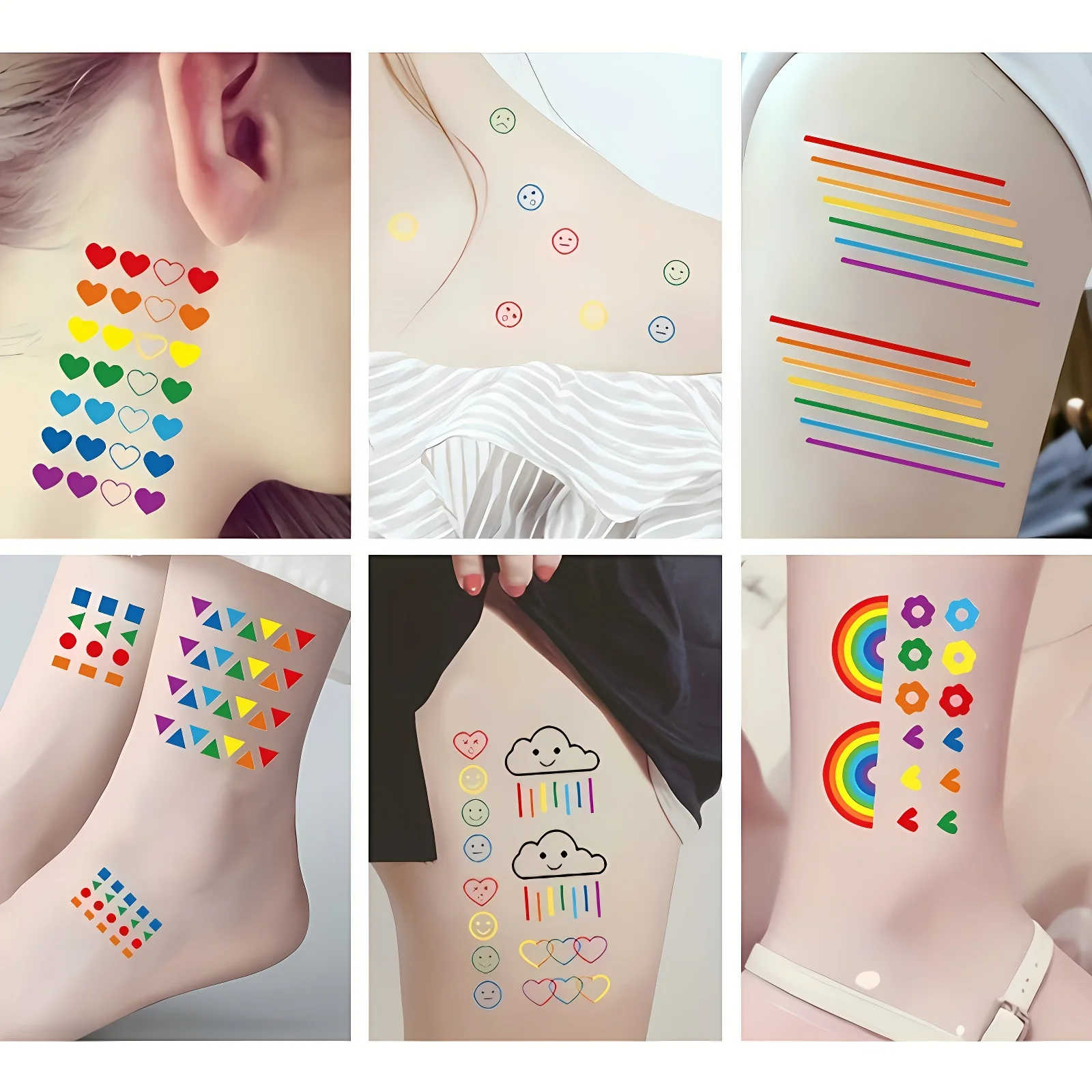 60pcs/pack Tattoos Stickers Colored Point Straight Heart Rainbow Flower Butterfly Cherry Blossom Fake Tattoos for Girls Summer