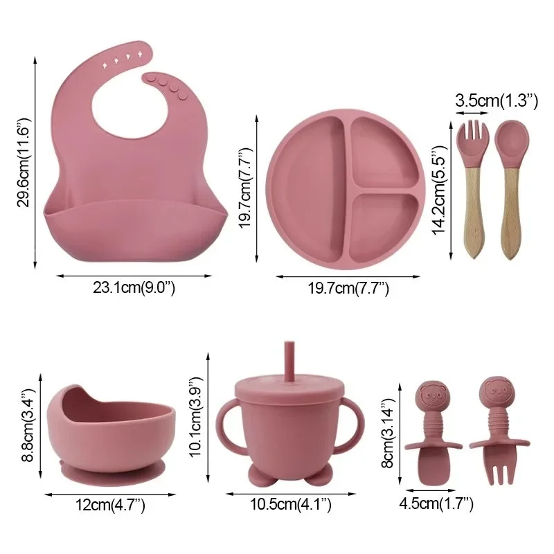 Silicone Baby Feeding Set Suction Plate Bowl Waterproof Bib Sippy Cup Silicone Spoon Fork Children's Tableware