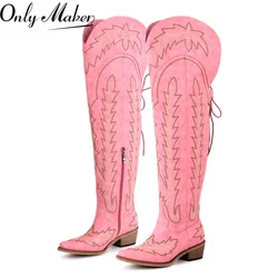 Onlymaker Women Pink Over the Knee Cowboy Boots for Women Adjustable Thigh High Cowgirl Boots