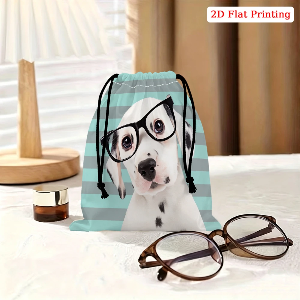 1pc Cartoon Dog Wearing Glasses Drawstring Bag Blue Striped Puppy Print Storage Small Pouch For Sunglasses Cosmetics Travel Orga