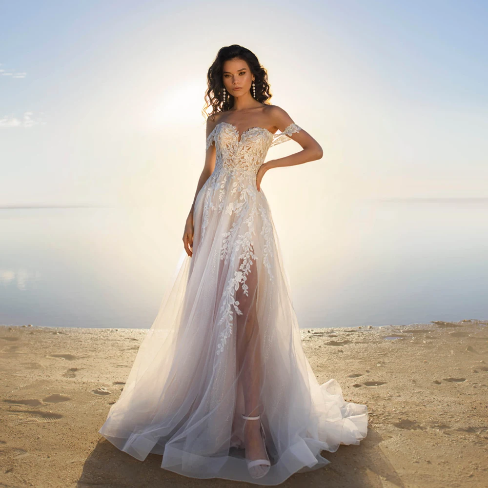 

Sexy Wedding Dresses for Bride Sweetheart Neck Sleeveless Bridal Growns Appliques Floor Length Tulle A-Line Vestidos De Novia