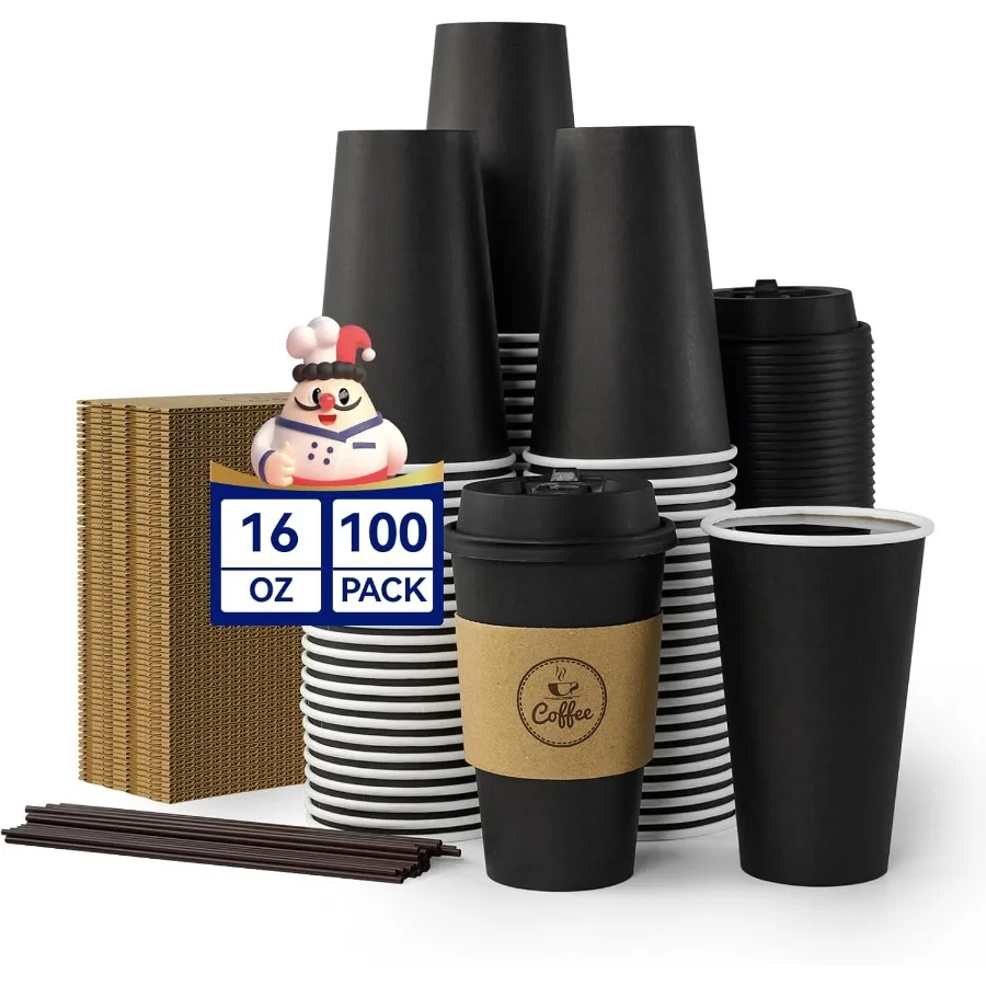 

16 oz Disposable Black Hot Paper Cups with Lids Sleeves and Stirrers 100 Pack Ideal for Coffee Tea Smoothies and Other Beverage