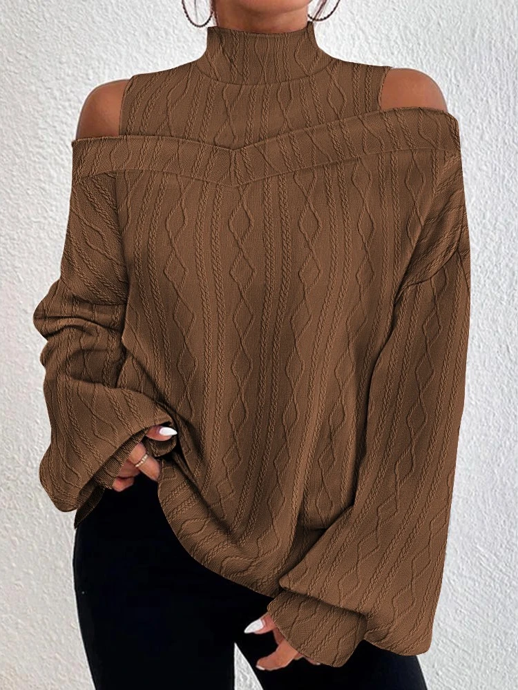 Lanterna manica spalla fredda cavo strutturato Top donna Casual camicetta dolcevita pullover autunno grigio scava fuori abbigliamento femminile