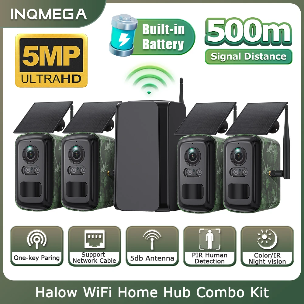 INQMGEA 4G WiFi Solar Router with SIM Card Slot WiFi Range Coverage 500M + 4 Cameras WiFi PTZ Solar Security Camera IP66
