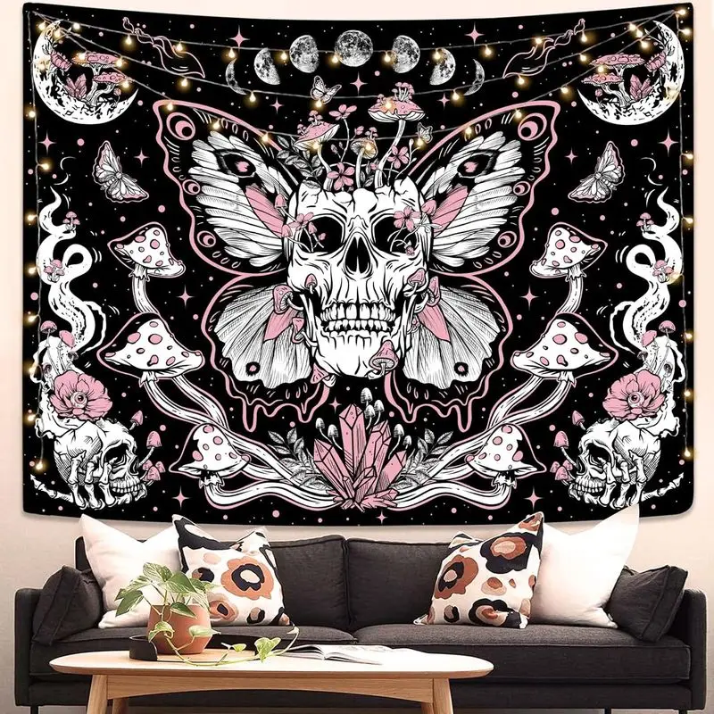 VIKAMA Pink Skull Butterfly Tapestry Mushroom Moon Phase Crystal Goth Wall Hanging Aesthetic for Bedroom Dorm Room Decor