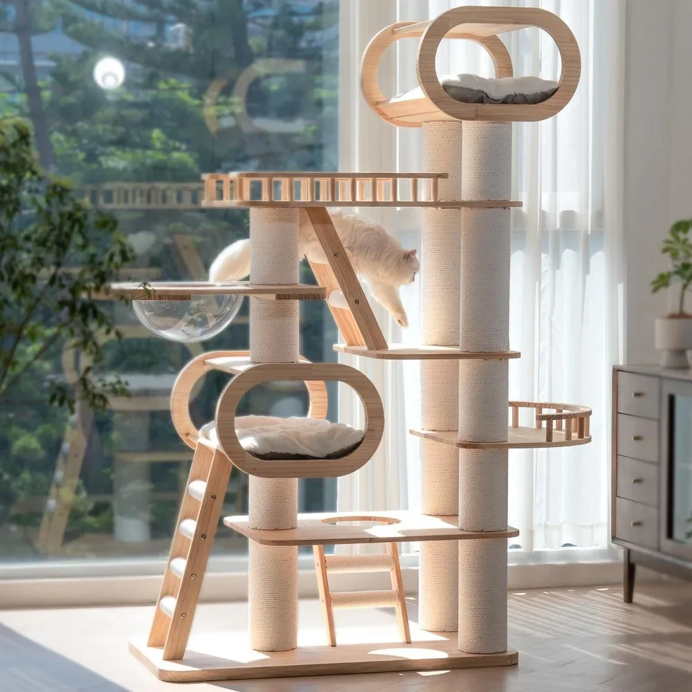 

76.8'' Modern Cat Tree for Indoor Cats, Tall Wooden Cat Tower for Home Decoration, Multi-Level Tower with Transparent Cat Bed, H