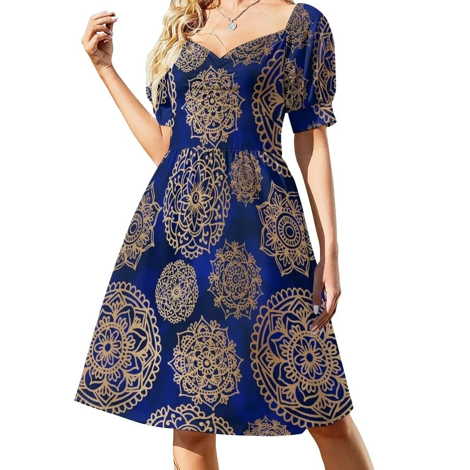 

Blue and Gold Mandala Pattern Sleeveless Dress birthday dress for women luxury 2025 bandage dress women party dresses