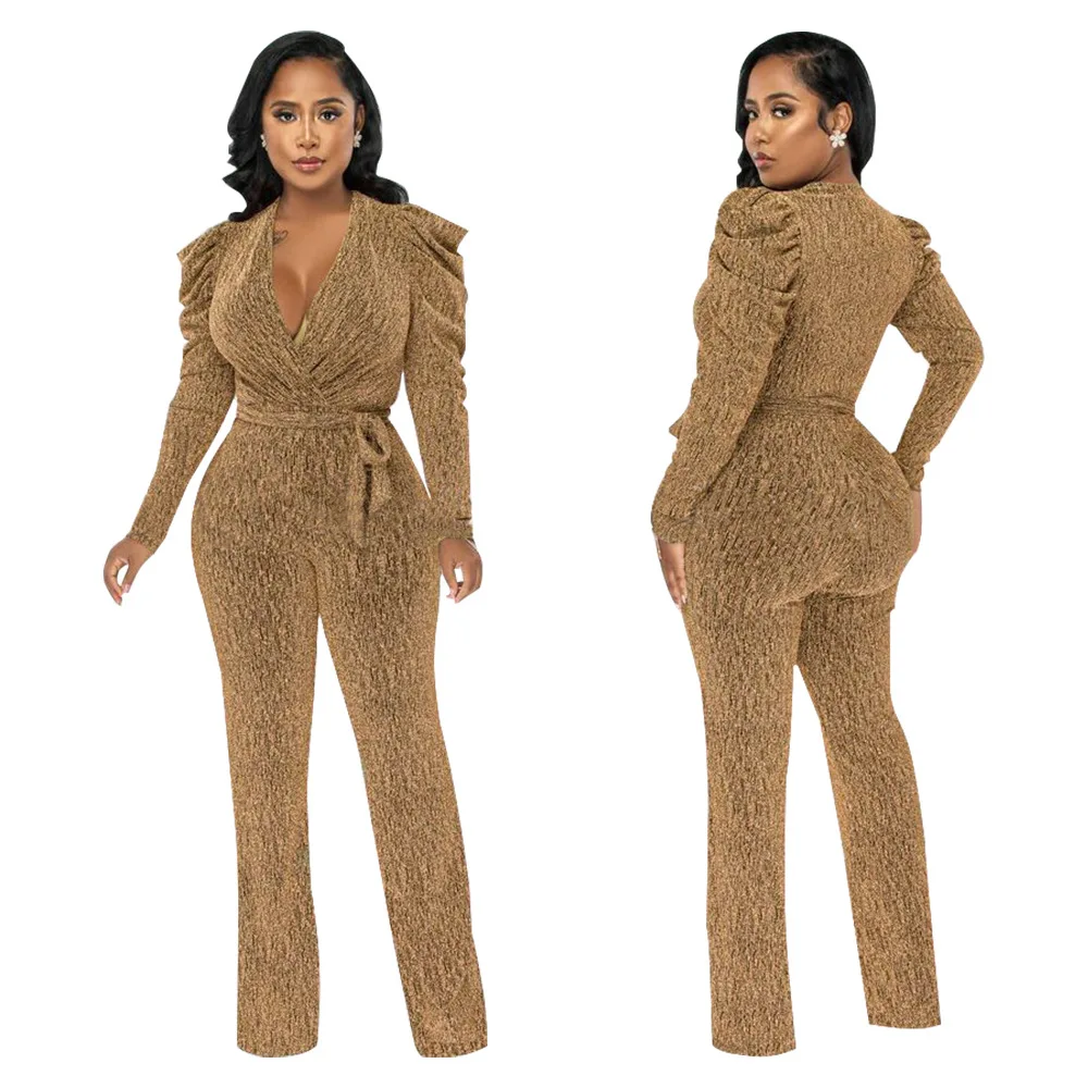 Vintage Women Puff Long Sleeve Sashes High Waist Wrap V-neck Straight Jumpsuit OL Fashion Street One Piece Suit Playsuit