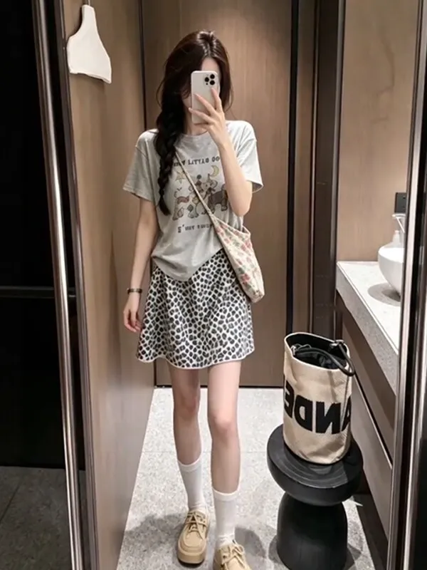 

Casual Slimming Short Sleeve T-Shirt Leopard Print Half Skirt Women's Fashion Set Summer New Arrival Elegant Style Loose Fit