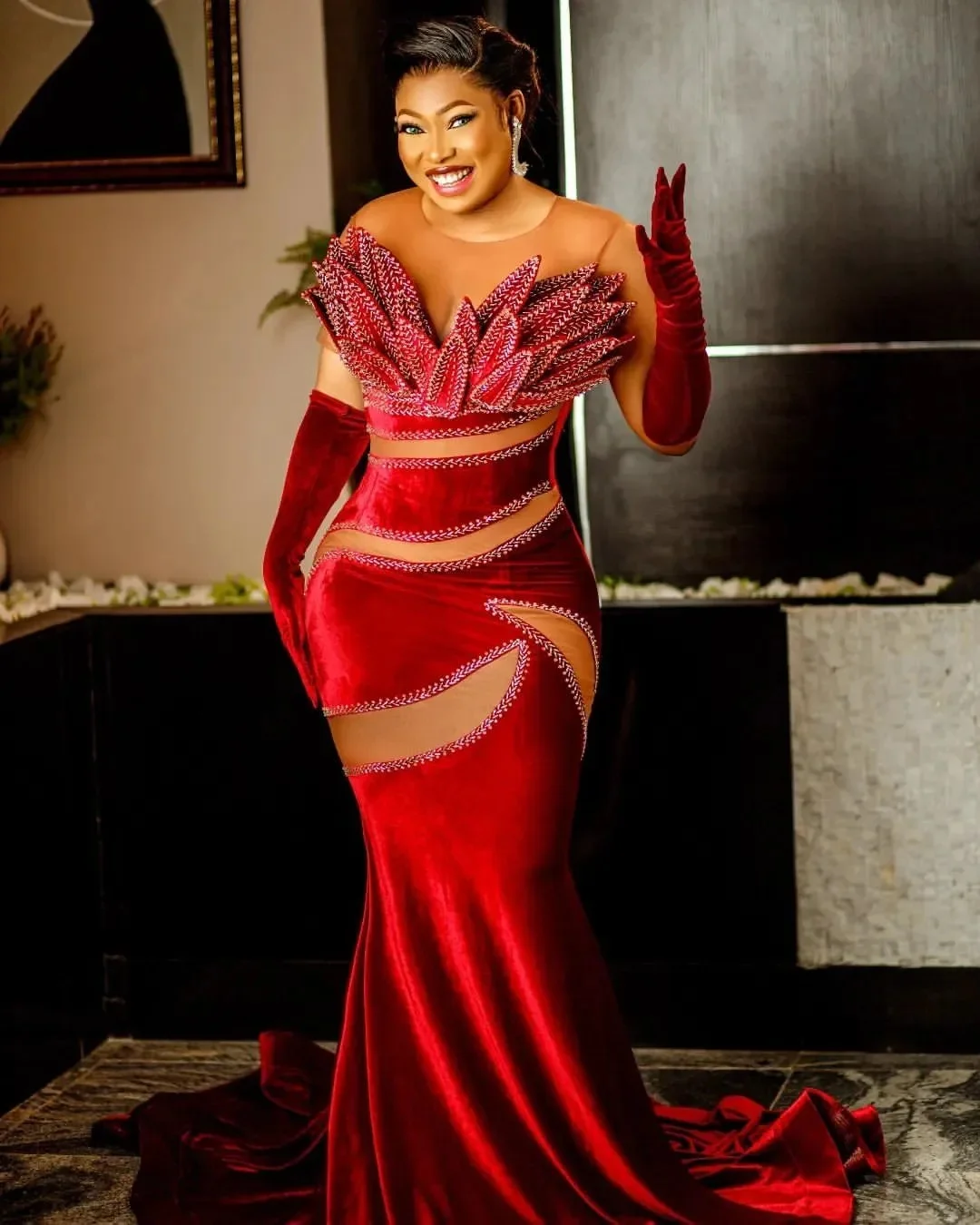 

Для особых случаев бархатное вечернее платье из бисера для второго приема, дня рождения, помолвки, платье больших размеров, красная русалка