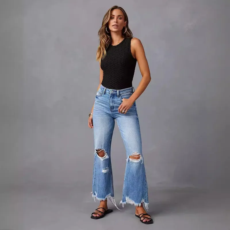 This summer's cross-border new tassel washed high waisted casual ripped jeans