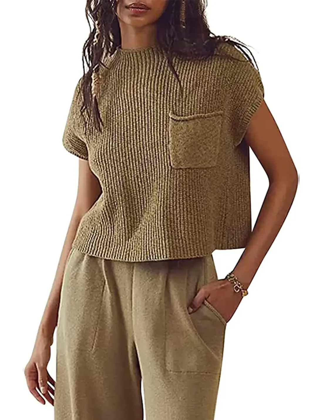 Solid Color Loose Vest Sweater with Pockets, Women\'s Spring and Summer Fashion Sleeveless Screw Thread Casual Pullover Sweater