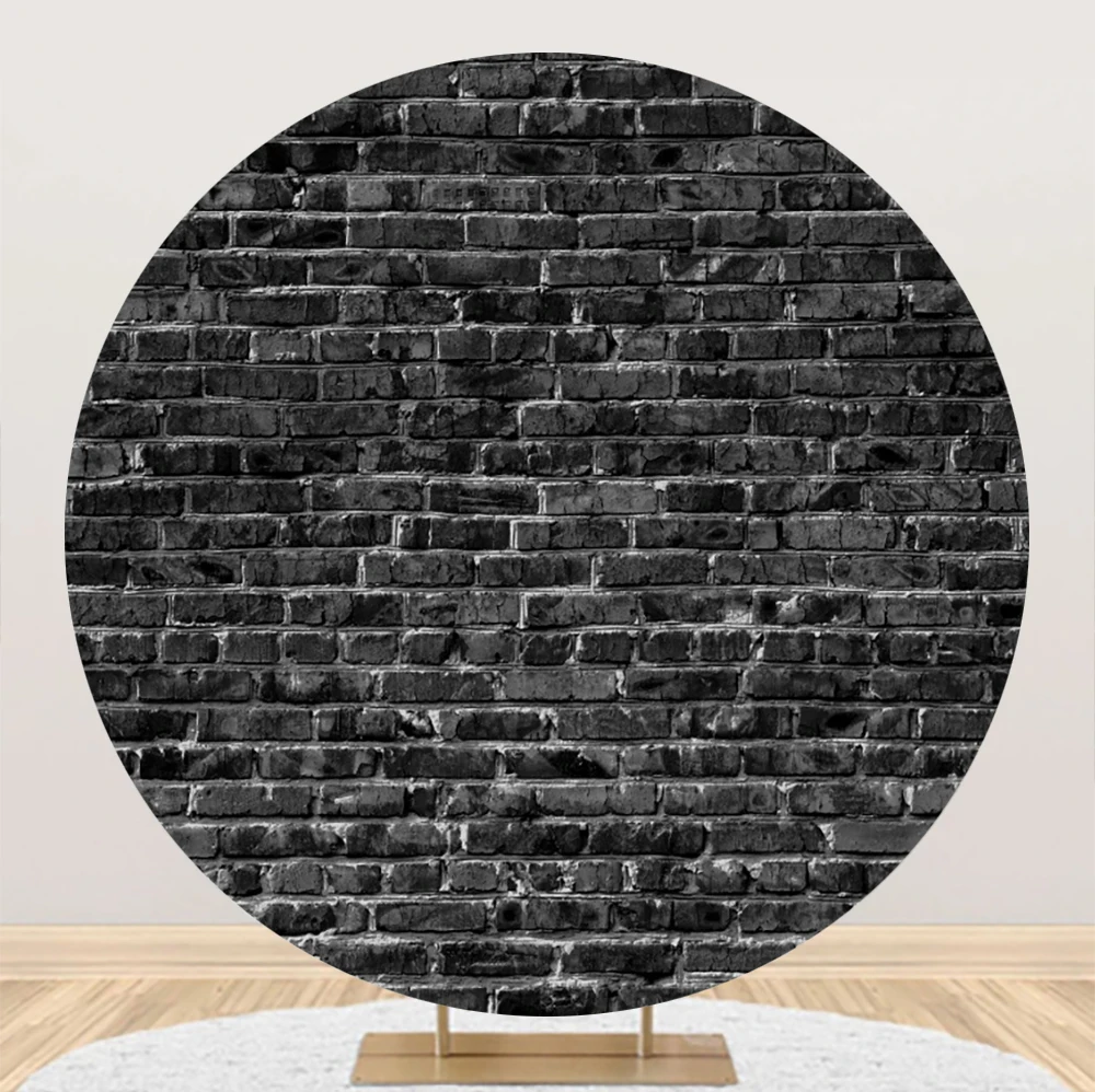 Laeacco Black Brick Round Backdrop Stone Brick Brick Wall Kids Birthday Baby Shower Portrait Customized Photography Background