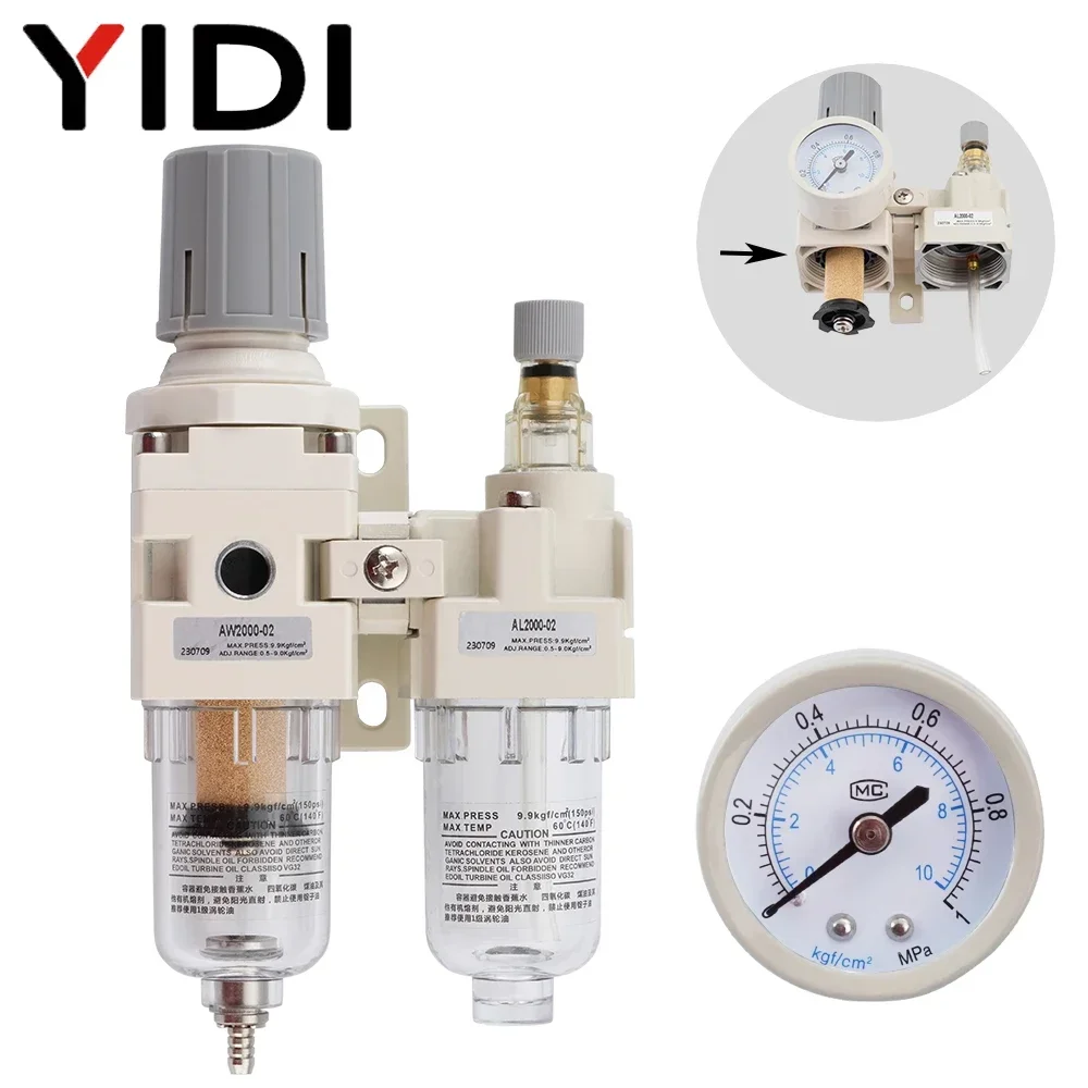 YIDI AC2010-02 Compressor Air Filter Pressure Regulator Reducer Drain With Fitting Fittings Controller Valve Pneumatic Parts 1/4