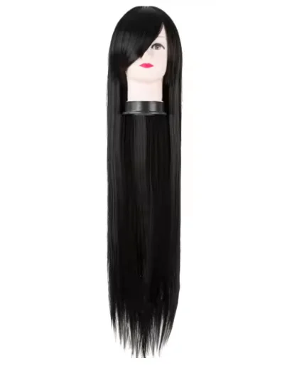 Black Hair Synthetic Heat Resistant 40 Inches/100 CM Costume Cartoon Cos-play Peruca Long Straight Cover Face Bangs Wig