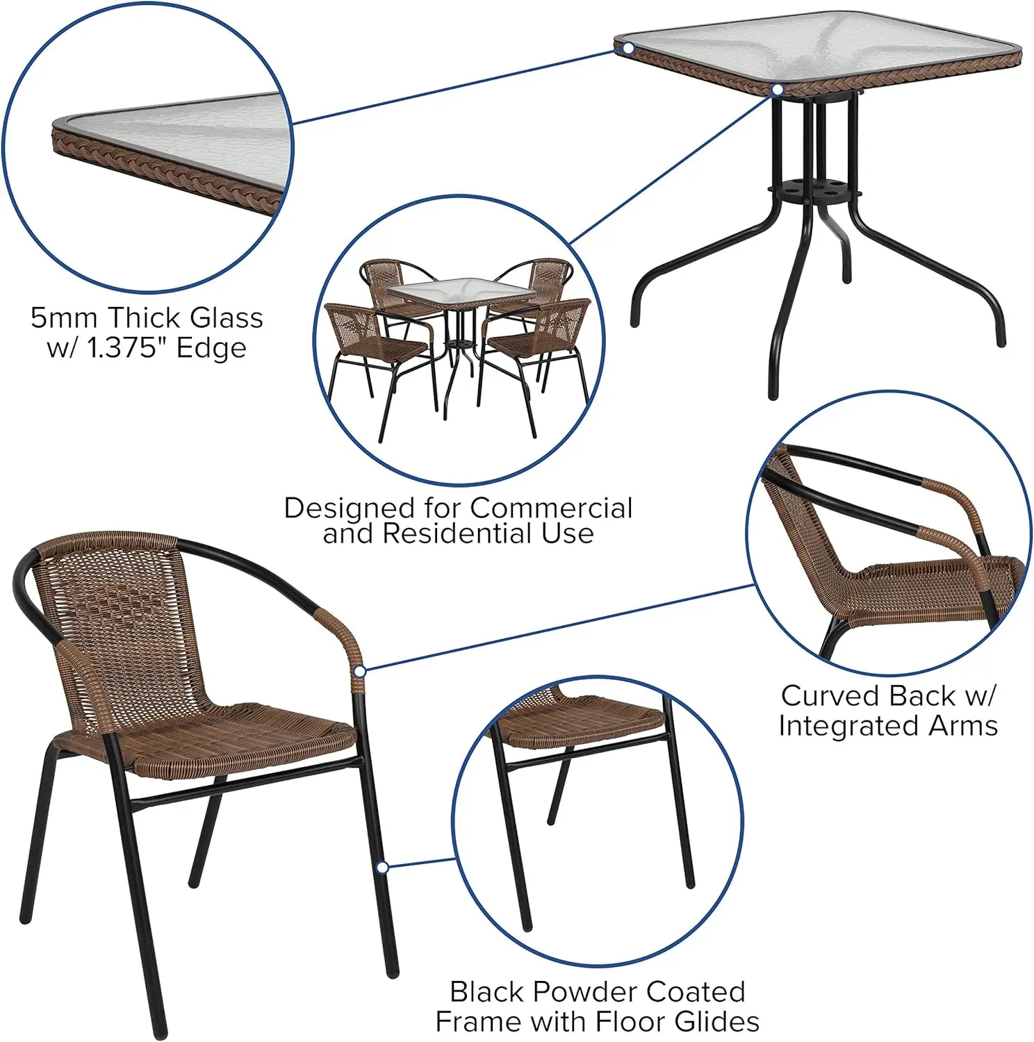 Mesa quadrada de metal de vidro de 28 '' com borda de vime marrom escuro e 4 cadeiras empilháveis de vime marrom escuro