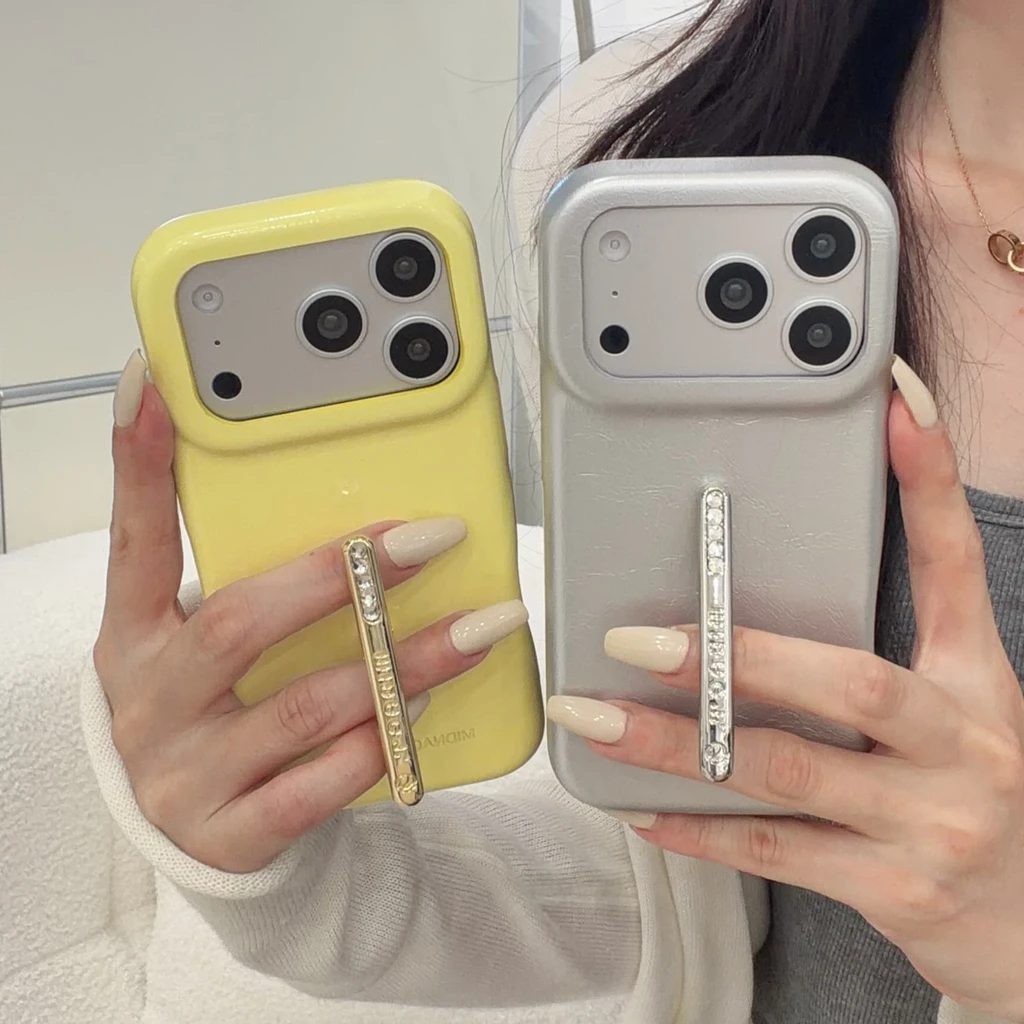 

ins Luxury Leather Texture With Metal Folding Holder Shockproof Protective Phone Cover Case for iPhone 17 16 15 14 Pro Max