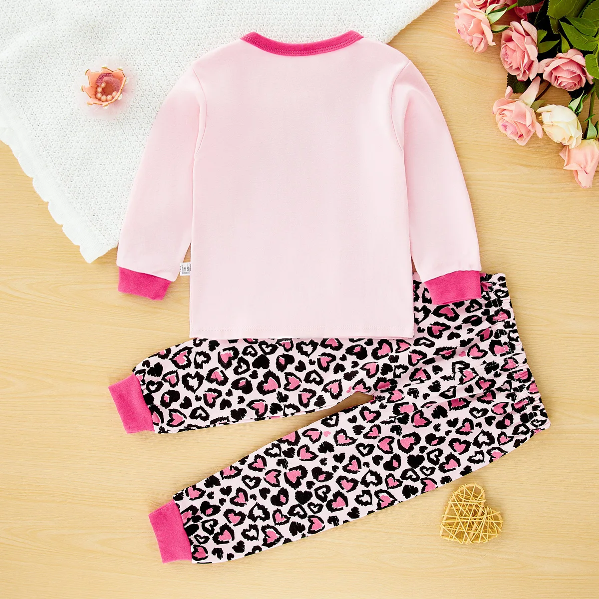 hibobi Spring 2-Piece Cute Cat Girl Round Neck Loungewear Set Comfortable Fashion Pajama Pants Set For Girls Aged 1-6 Years Old